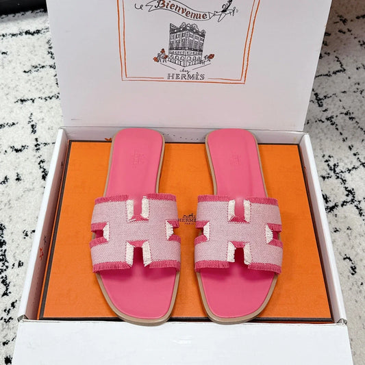 HM 26ss Oran Sandals Pink White Canvas Cowhide 617216