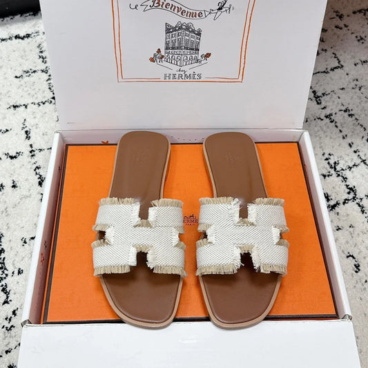 HM 26ss Oran Sandals Beige Brown Canvas Cowhide 617218