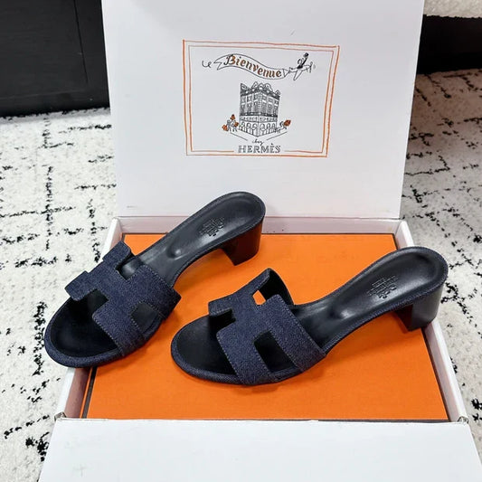 HM 26ss High-Heeled Sandals 50 Black Dark Blue Denim Cowhide 617222