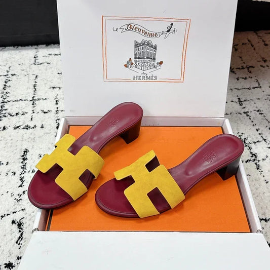 HM 26ss High-Heeled Sandals 50 Burgundy Yellow Cowhide 617229