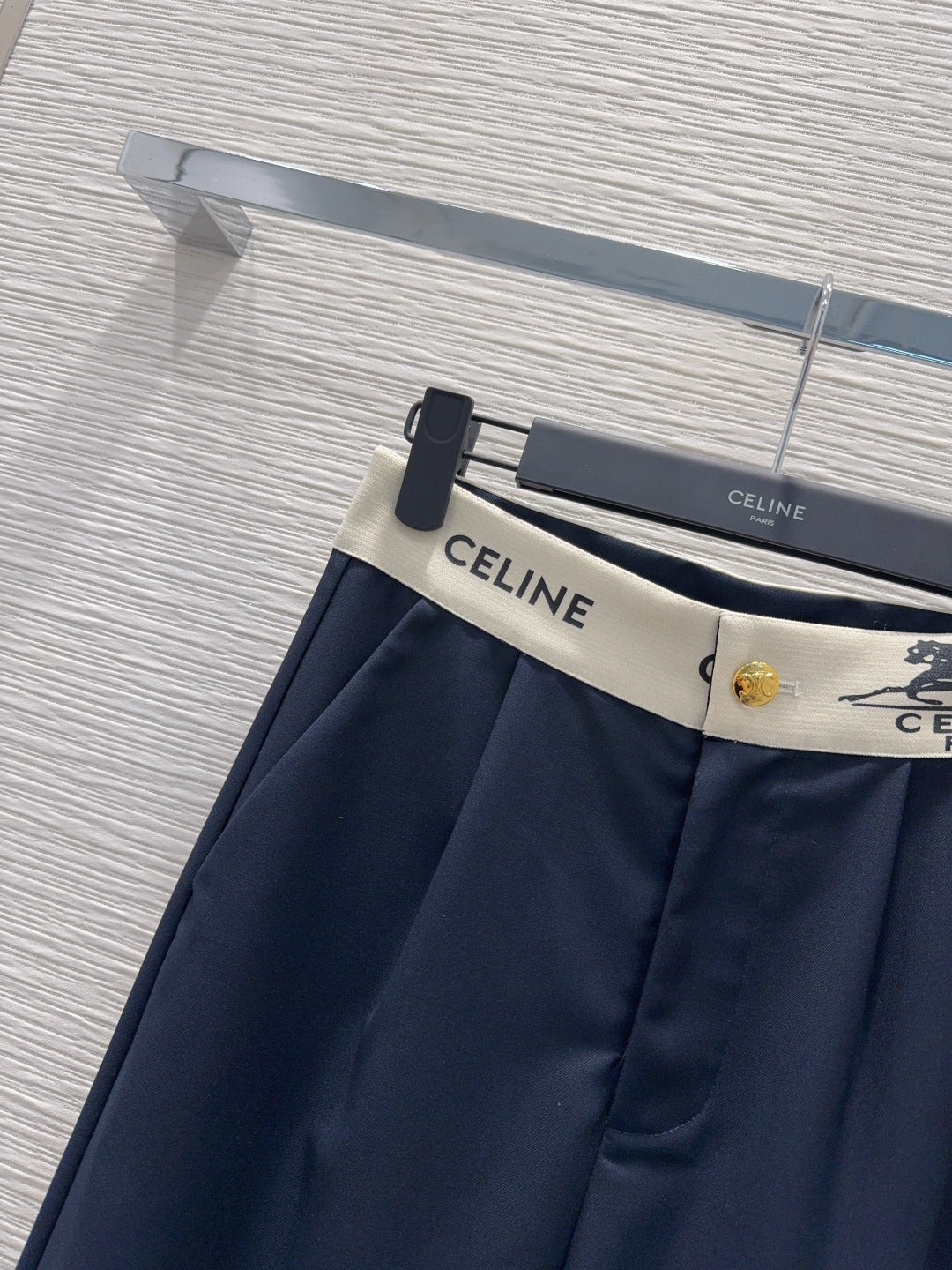 Celine 26S Wide-leg Trousers Celine Belt Navy Blue Polyester Viscose 351295