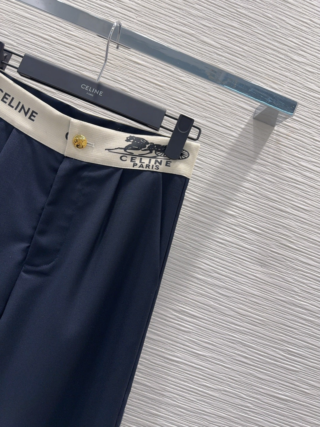 Celine 26S Wide-leg Trousers Celine Belt Navy Blue Polyester Viscose 351295