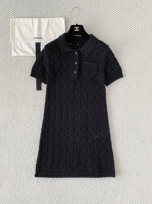 Celine Mini Dress Black Cotton Pointelle 380652