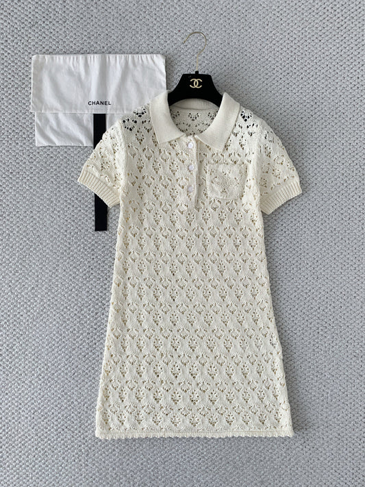Celine Mini Dress Cream Cotton Pointelle 380653