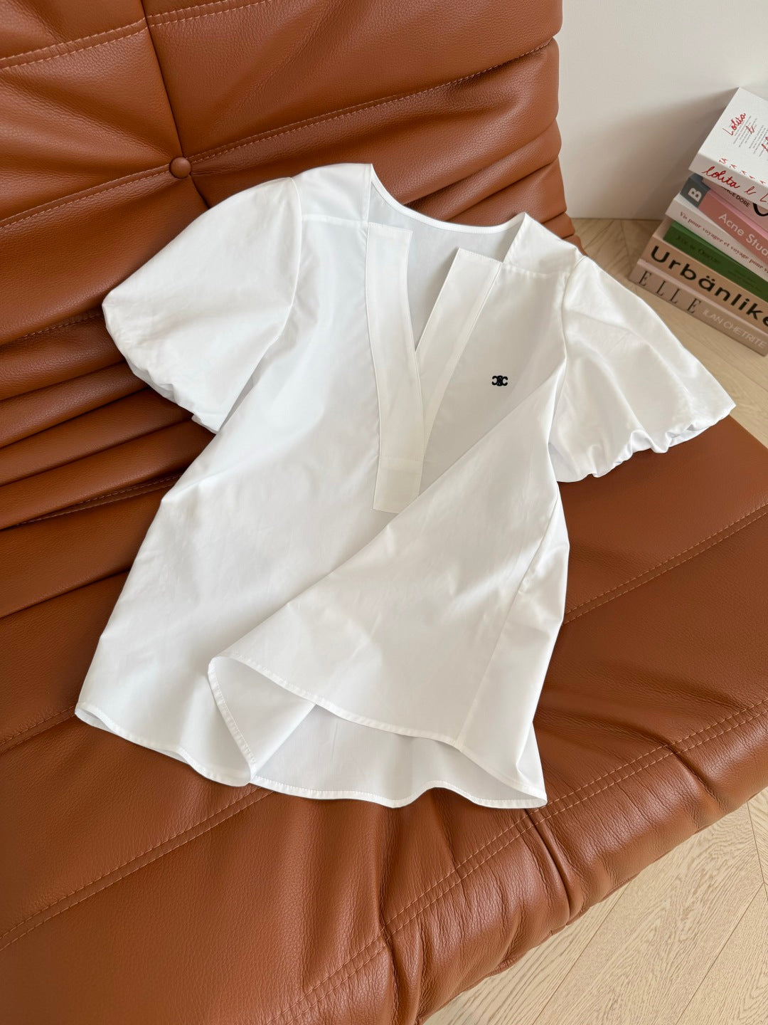 Celine 25 Logo Embroidered Puff Sleeve Shirt Whiet Cotton