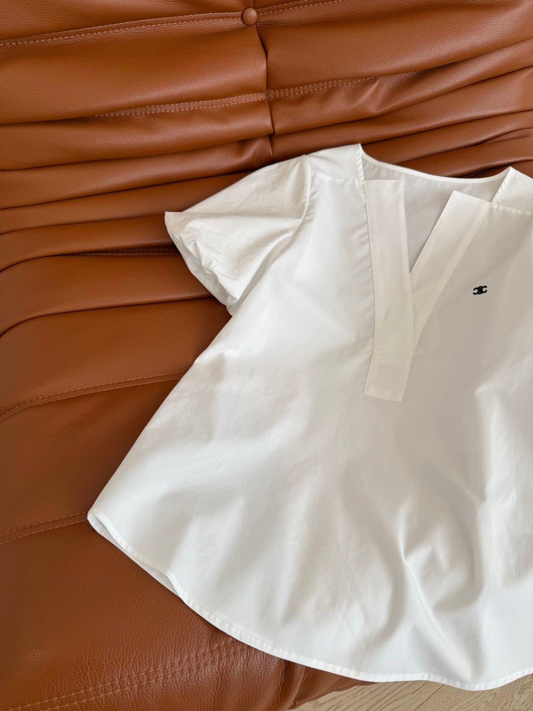 Celine 25 Logo Embroidered Puff Sleeve Shirt Whiet Cotton