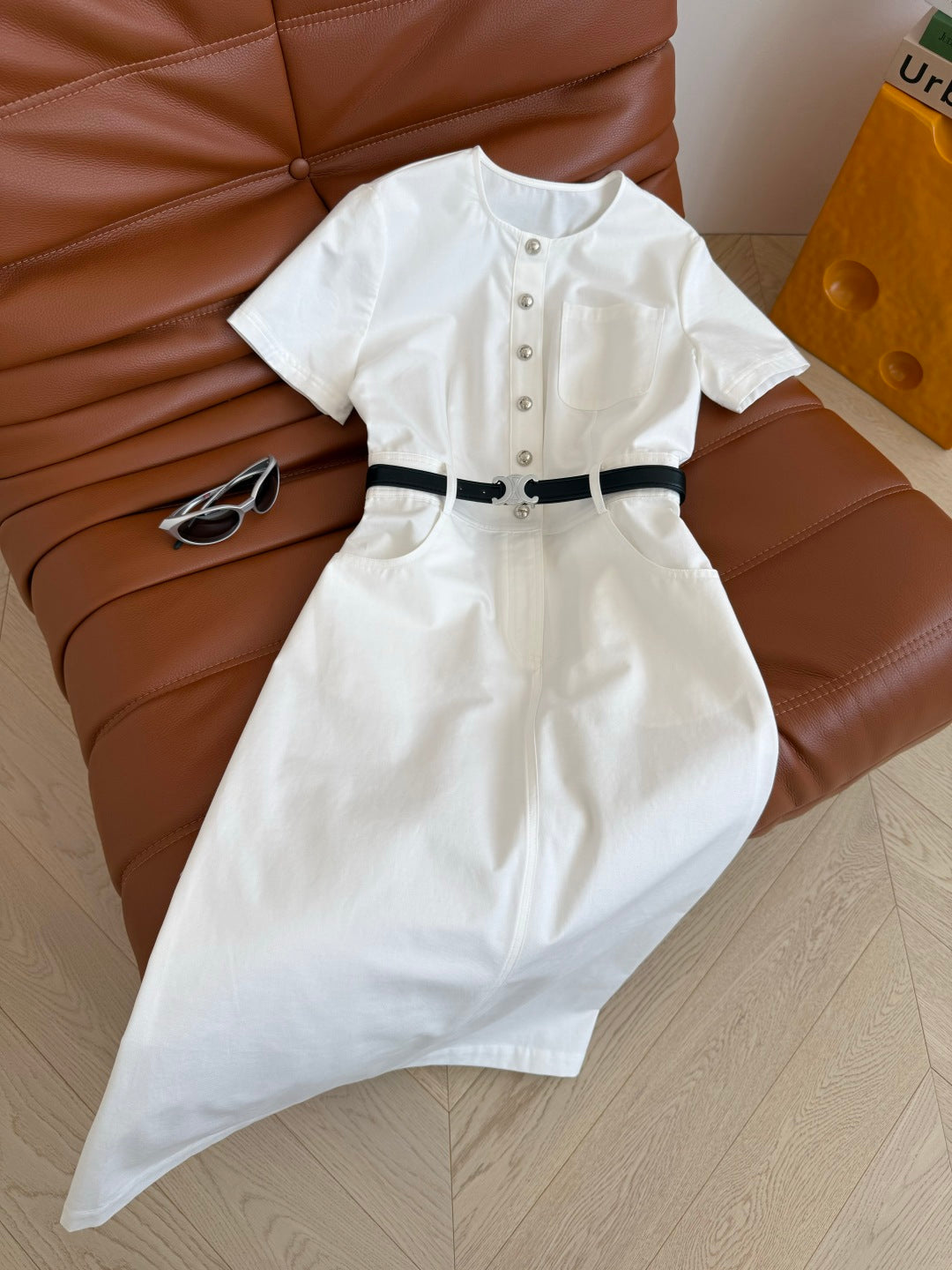 Celine 25 Denim Dress With Silver Buckle Belt White Cotton