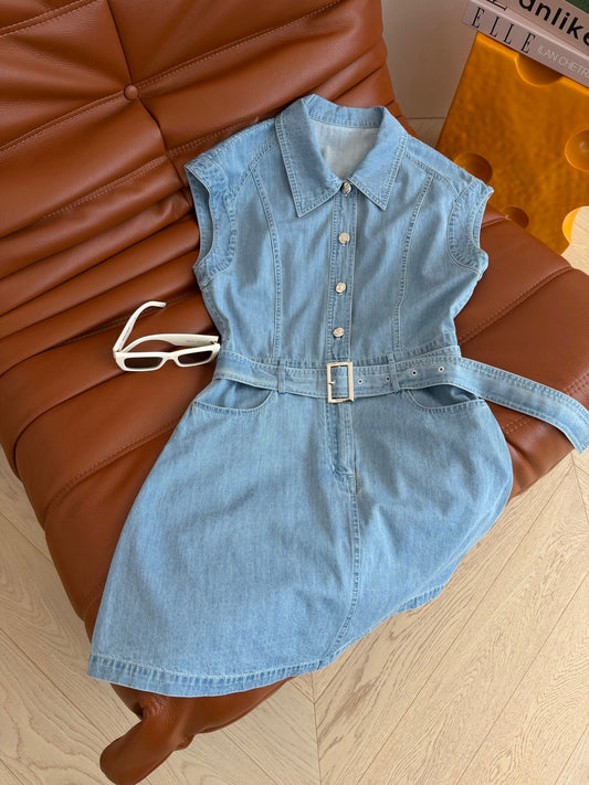 Celine 26s Light Blue Washed Denim Dress 398137