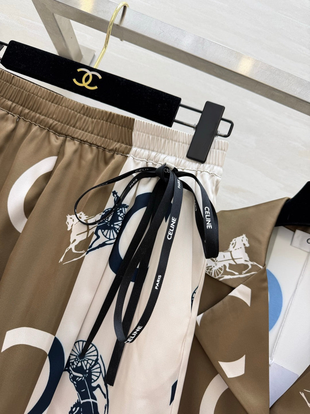 Celine Set Pyjama Shirt Short Brown White Silk Twill 397059