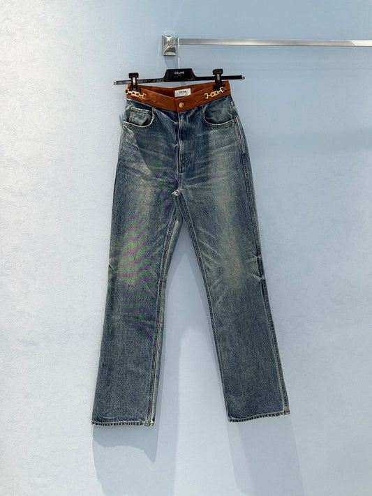 Celine Denim Jeans with Belt Blue mix Brown Cotton