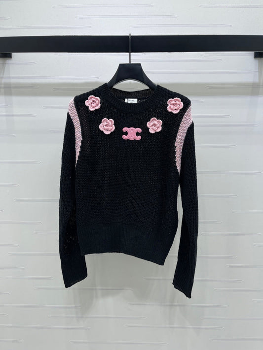 Celin Crochet Hollow-out Pullover Knit Long-Sleeve Top Black Wool 343474