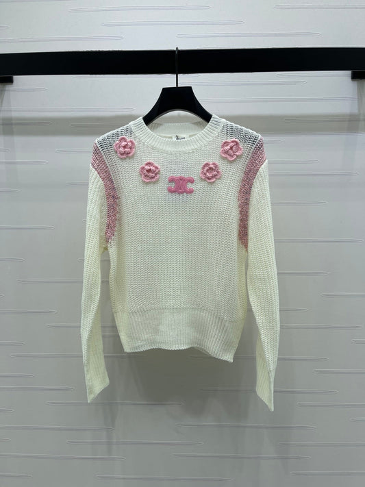 Celin Crochet Hollow-out Pullover Knit Long-Sleeve Top Ivory Wool 344135