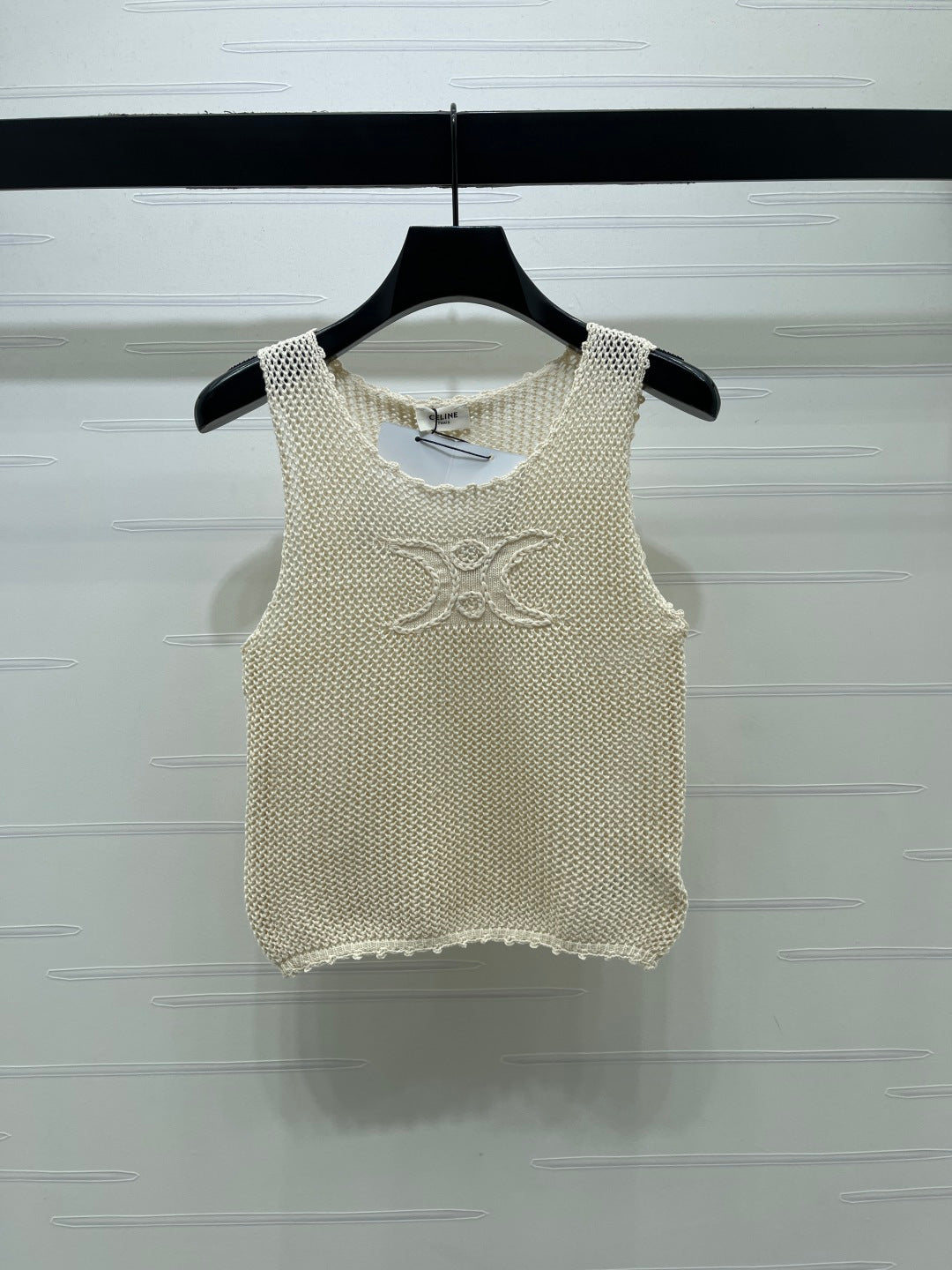 Celine 26s Triomphe Crochet Knit Vest Ivory Wool Cashmere 373120