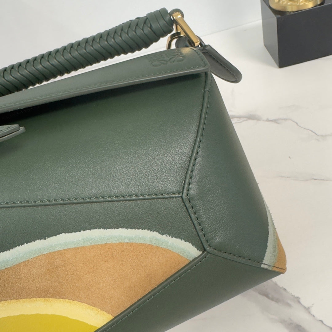 Small Puzzle Edge Landscape Bag Olive Green Yellow Nappa Calfskin