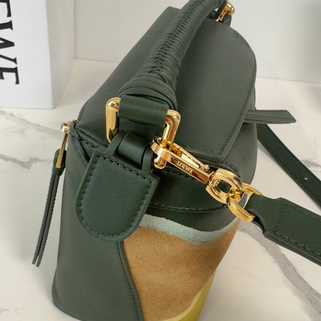 Small Puzzle Edge Landscape Bag Olive Green Yellow Nappa Calfskin
