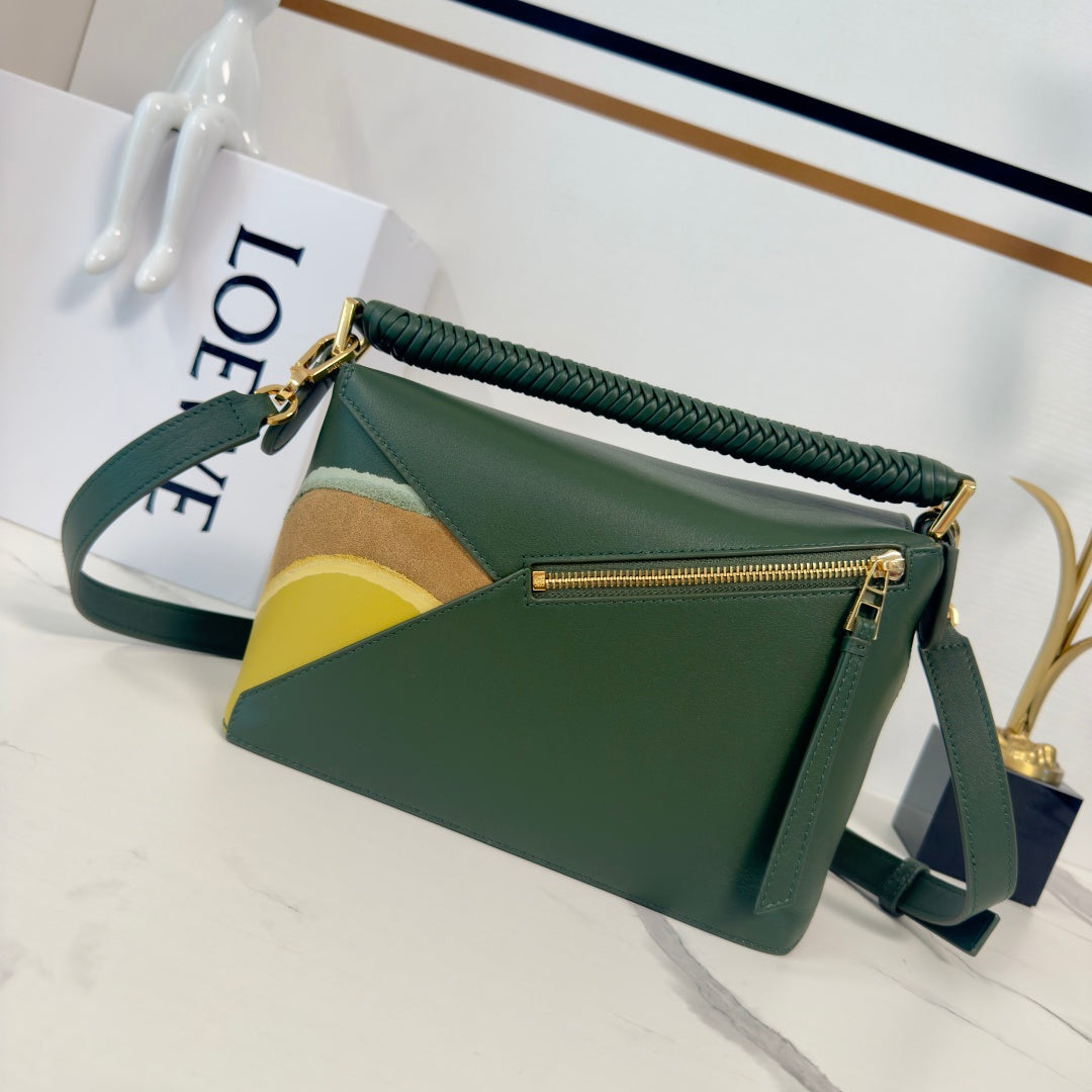Small Puzzle Edge Landscape Bag Olive Green Yellow Nappa Calfskin