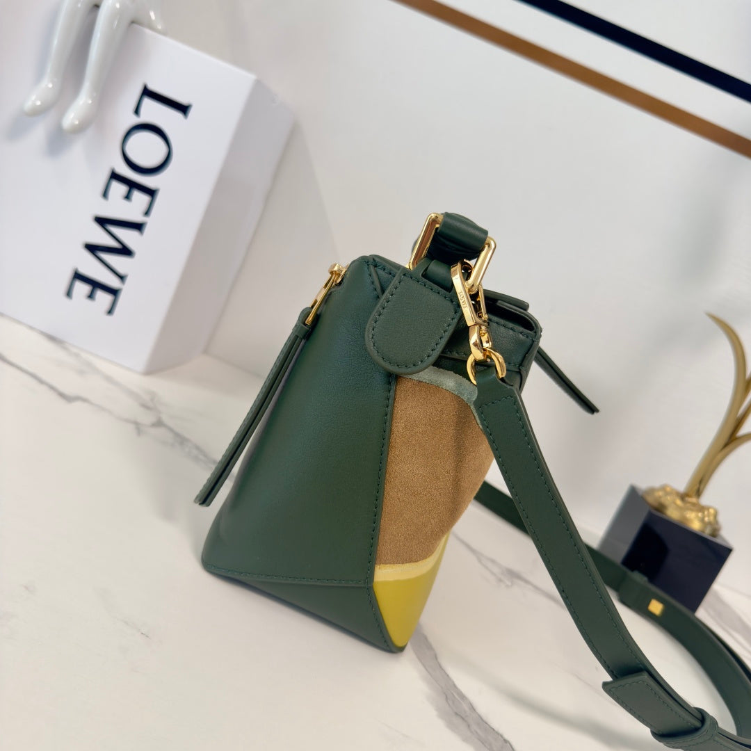 Small Puzzle Edge Landscape Bag Olive Green Yellow Nappa Calfskin