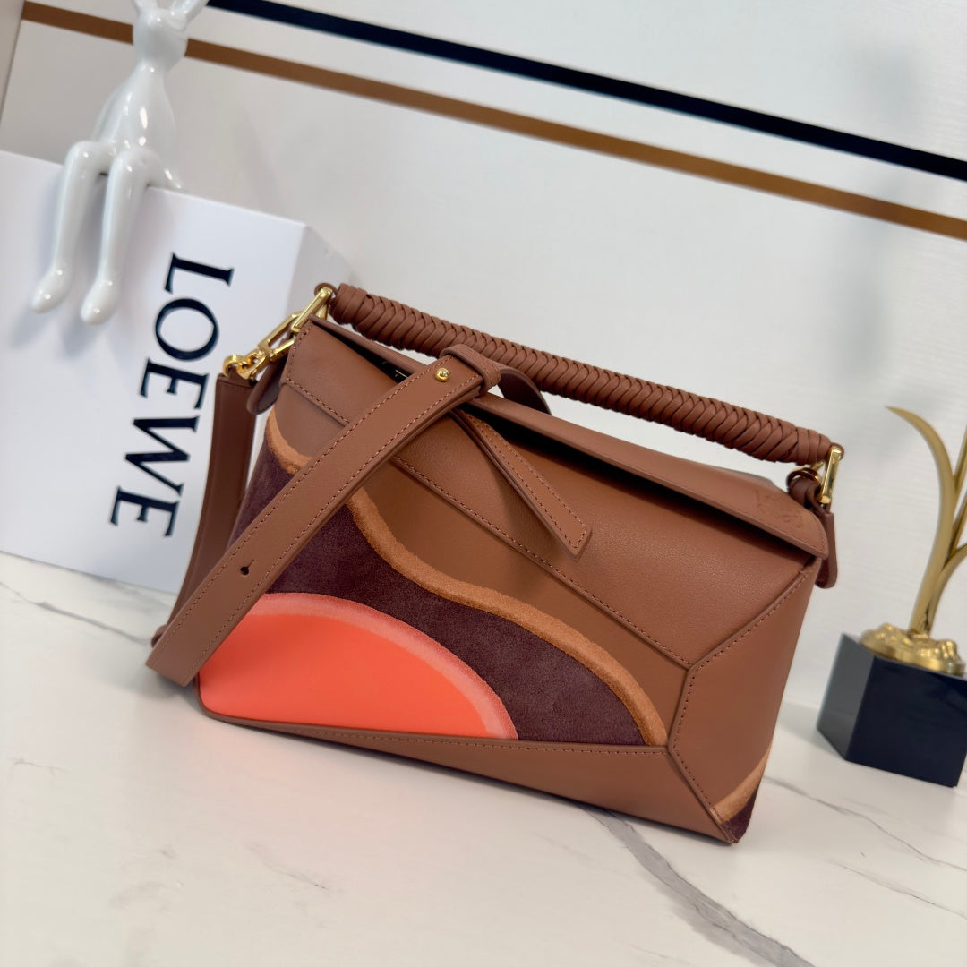Small Puzzle Edge Landscape Bag Brown Parrot Pink Nappa Calfskin