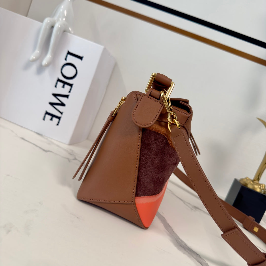 Small Puzzle Edge Landscape Bag Brown Parrot Pink Nappa Calfskin