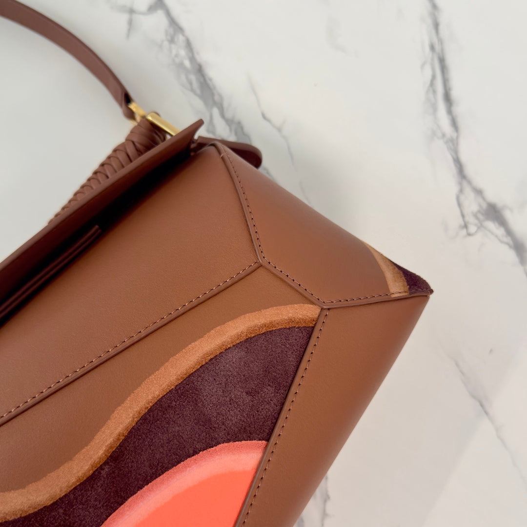 Small Puzzle Edge Landscape Bag Brown Parrot Pink Nappa Calfskin