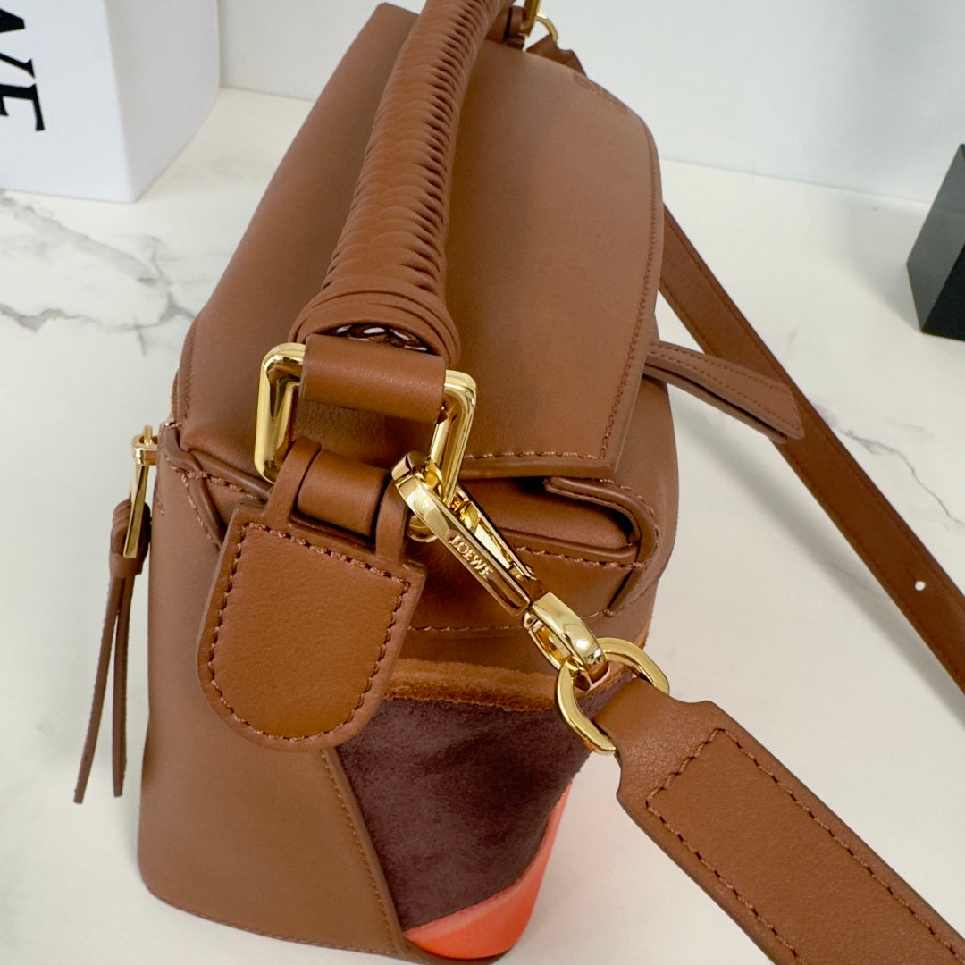 Small Puzzle Edge Landscape Bag Brown Parrot Pink Nappa Calfskin