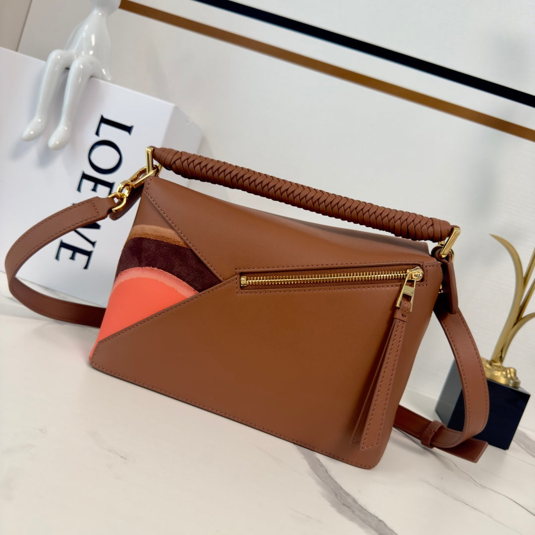 Small Puzzle Edge Landscape Bag Brown Parrot Pink Nappa Calfskin