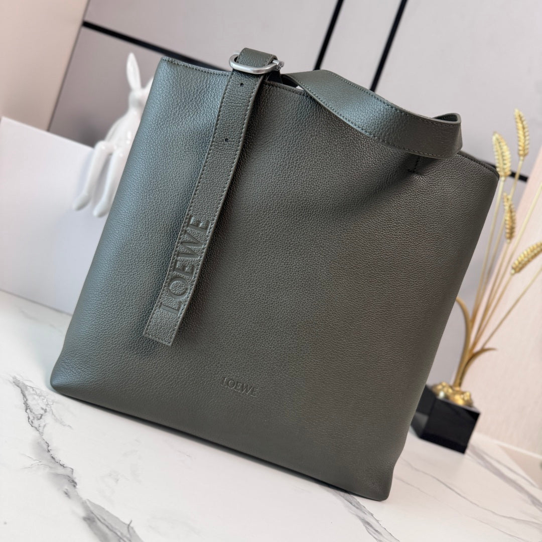 Loewe Loop Zipped Tote Bag Dark Khaki Grained Calfskin