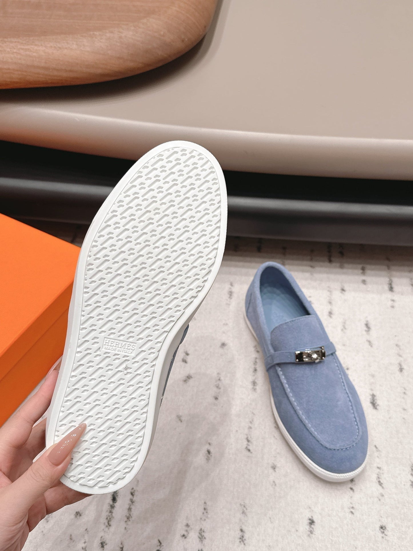 HM 26s Kelly Paris Loafers Light Blue Suede Silver Hardware