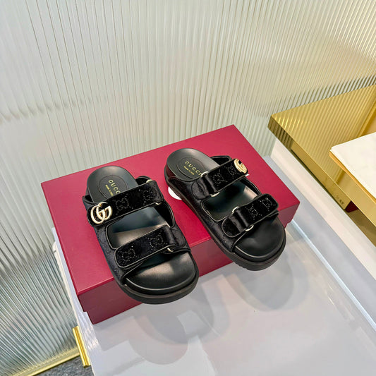 GG 26s Dad Mule Sandals Black Leather Velvet 714864