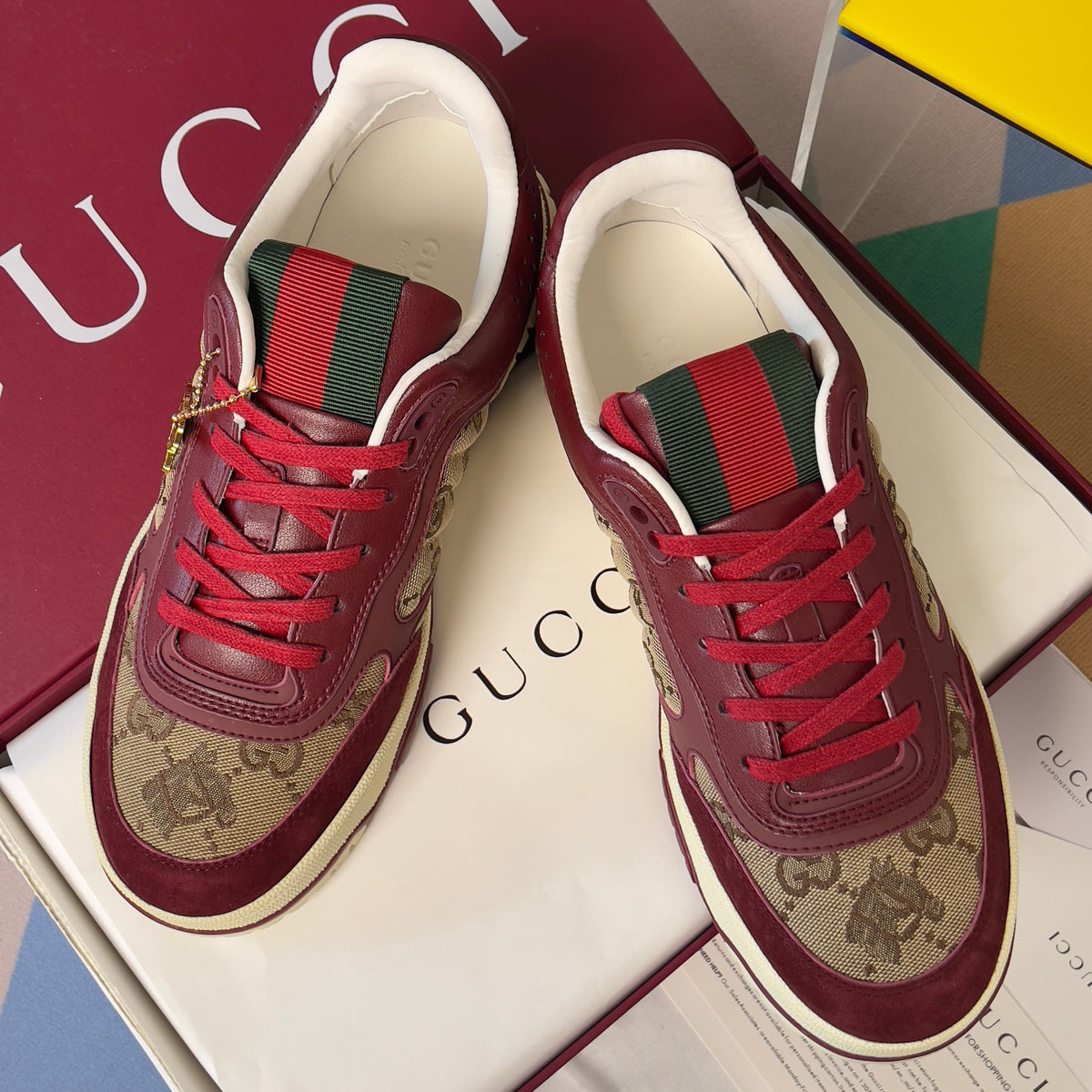 GG Women's Re-Web Trainers Beige Burgundy Cowhide Canvas 609258