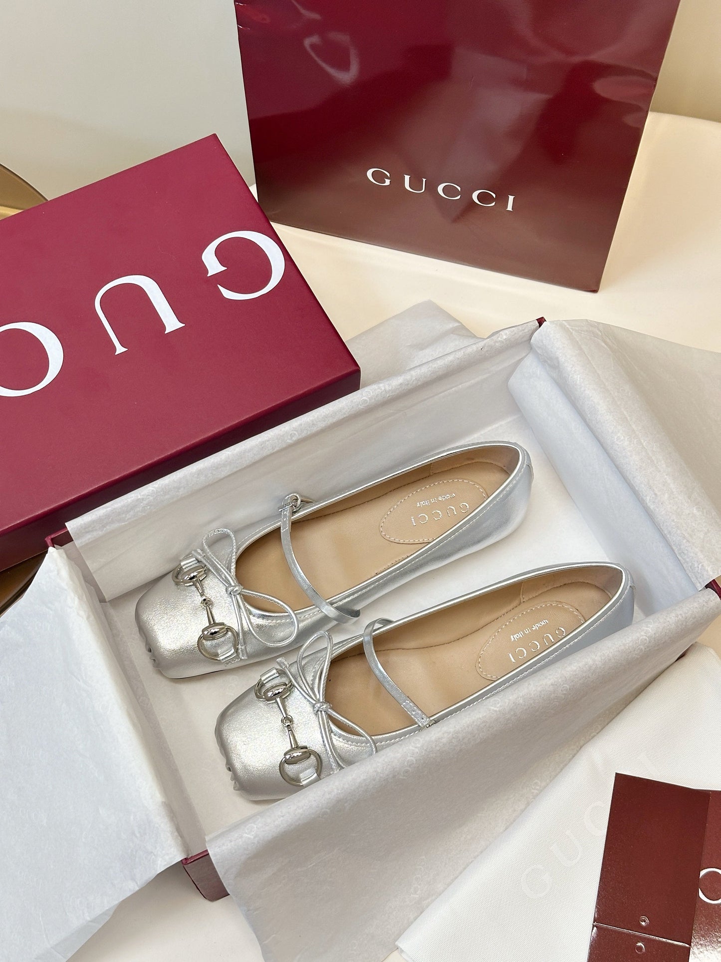 GG 26SS Ballet Flats Silver Metallic Sheepskin 645708