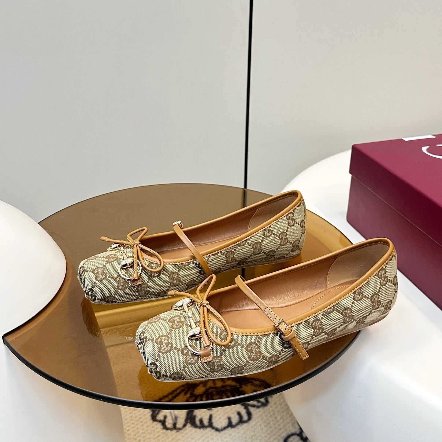 GG 26SS Ballet Flats Beige Brown Monogram Fabric Sheepskin 645710