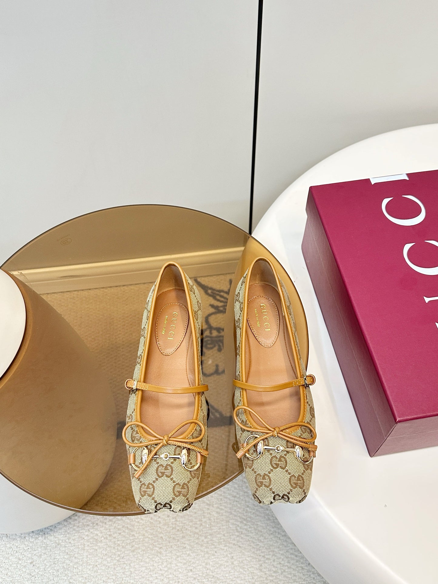 GG 26SS Ballet Flats Beige Brown Monogram Fabric Sheepskin 645710