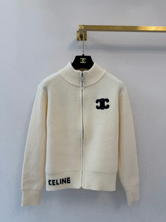 Celine 26s Turtleneck Knit Cardigan Ivory Wool 423144