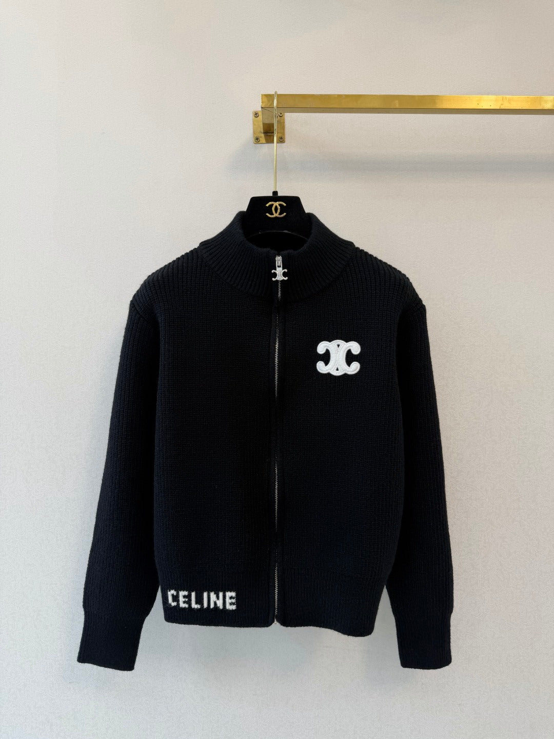 Celine 26s Zippered Long-Sleeved Cardigan Black Cotton Wool 424814