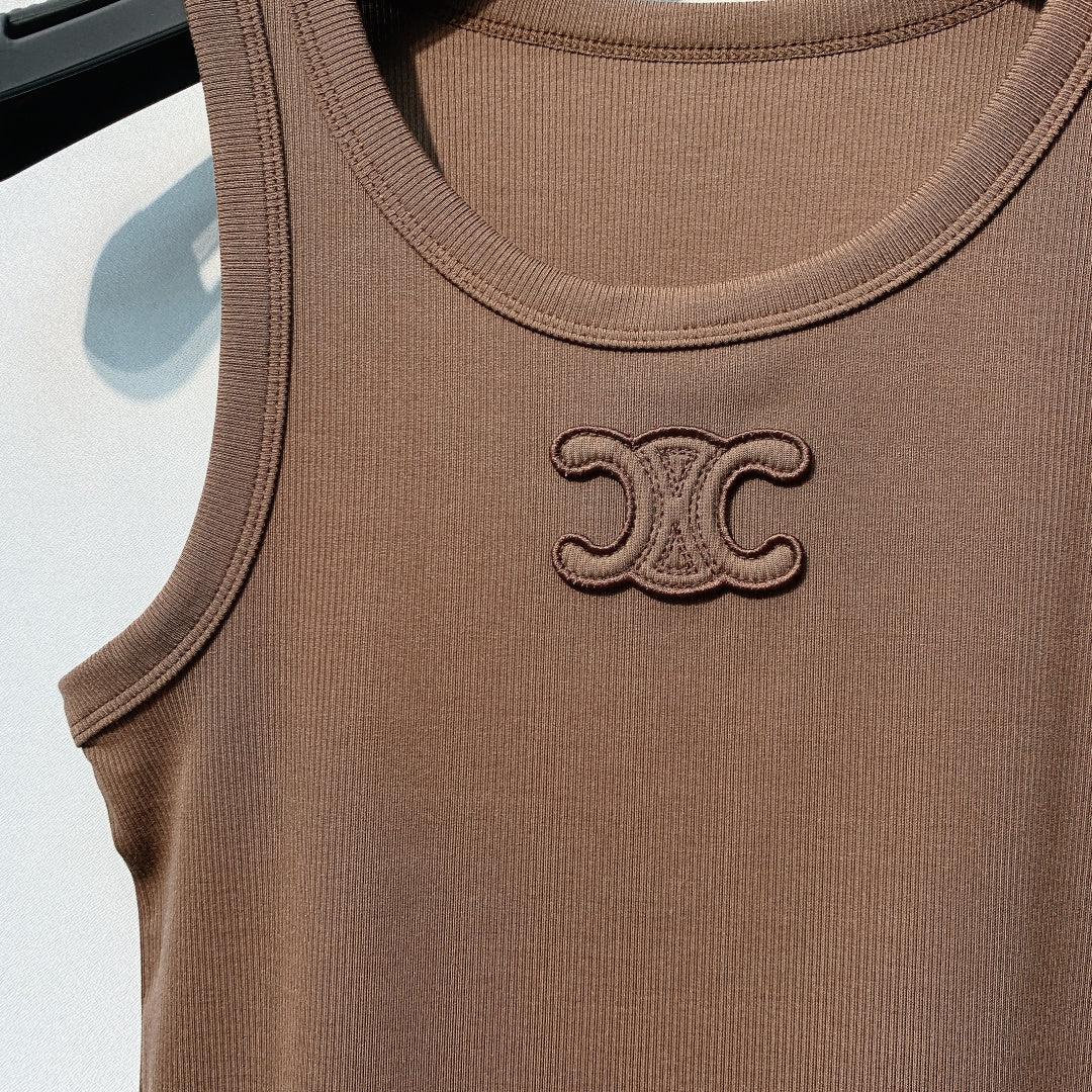 Celine Triomphe Tank Top Brown Ribbed Cotton 362632