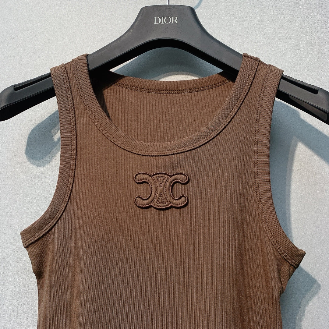 Celine Triomphe Tank Top Brown Ribbed Cotton 362632