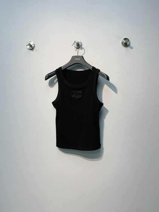 Celine Triomphe Tank Top Black Ribbed Cotton 362633