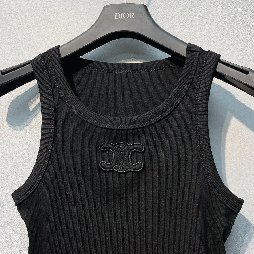 Celine Triomphe Tank Top Black Ribbed Cotton 362633