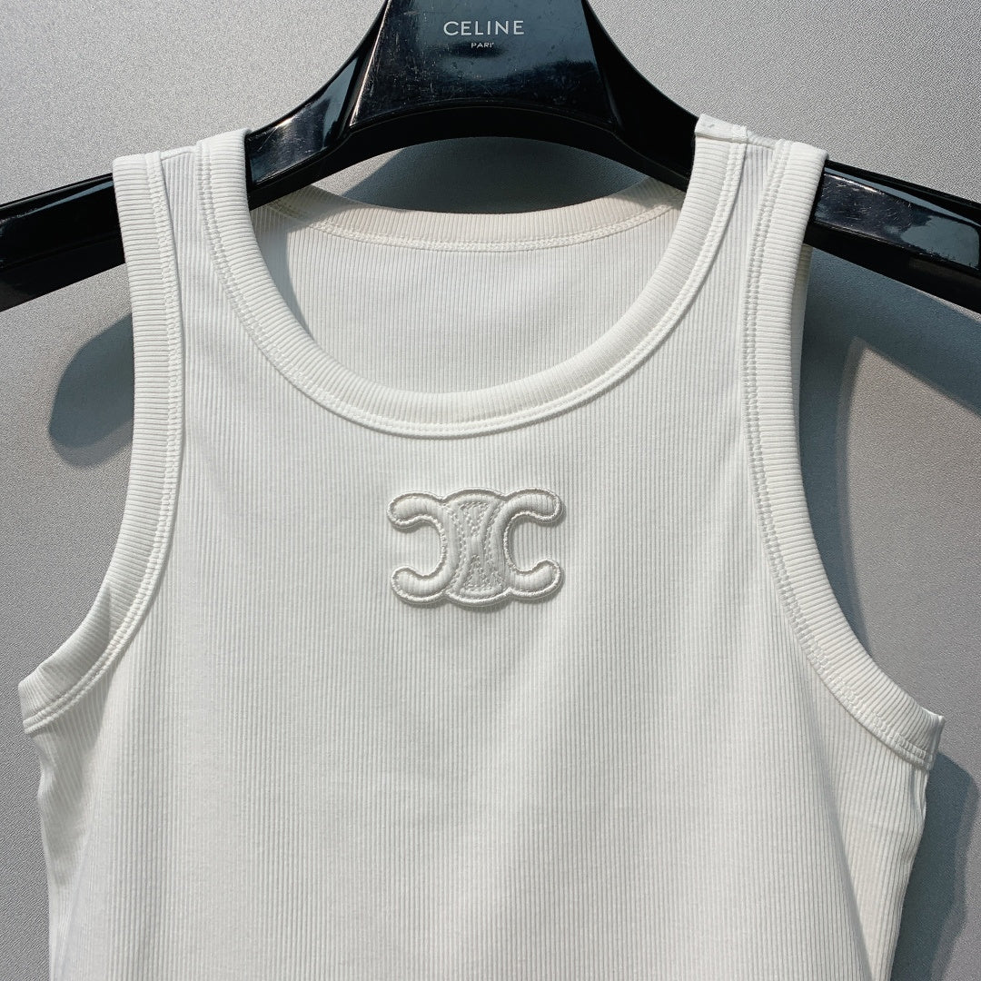 Celine Triomphe Tank Top White Ribbed Cotton 362634