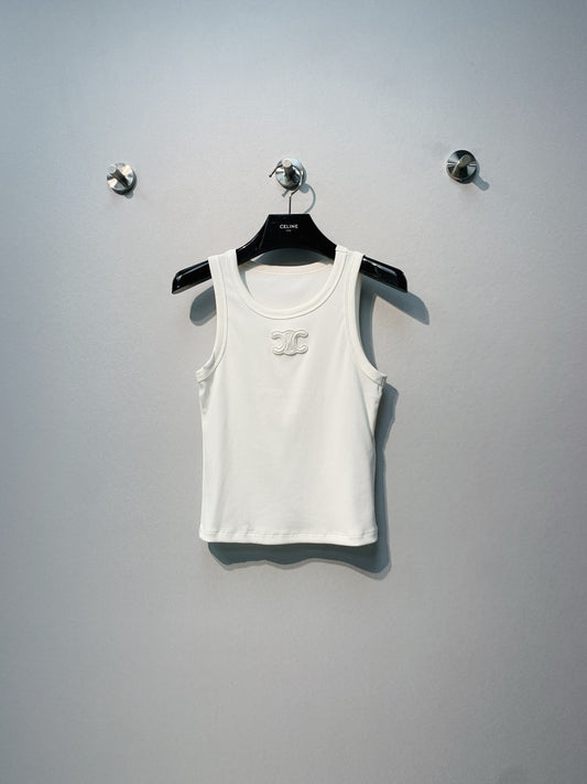Celine Triomphe Tank Top White Ribbed Cotton 362634