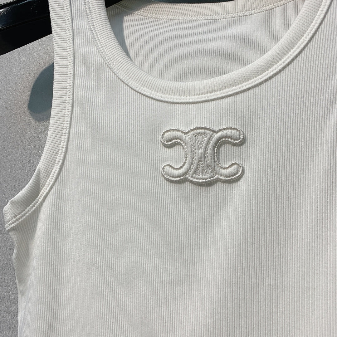 Celine Triomphe Tank Top White Ribbed Cotton 362634