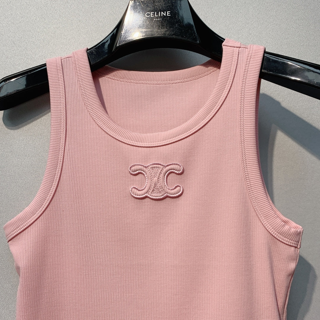 Celine Triomphe Tank Top Light Pink Ribbed Cotton