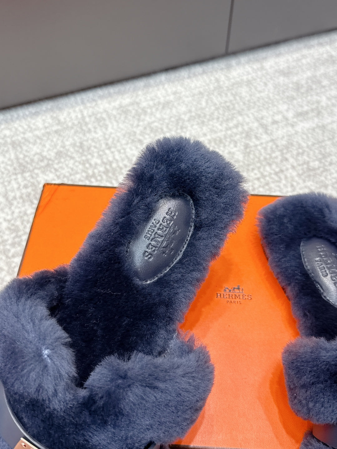HM 25s H Shaped Slipper with Buckle Navy Blue Shearling 462192