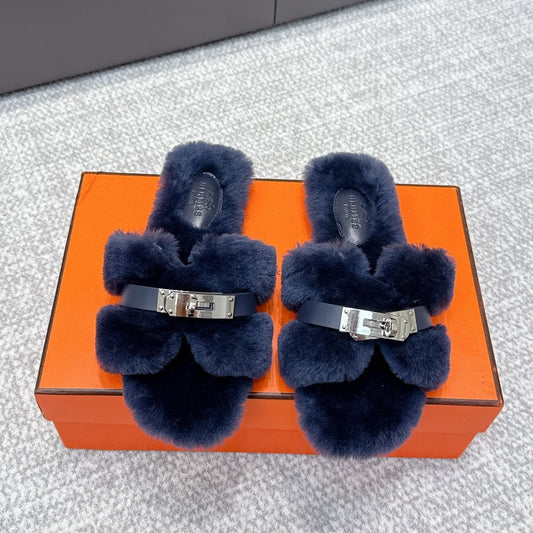 HM 25s H Shaped Slipper with Buckle Navy Blue Shearling 462192