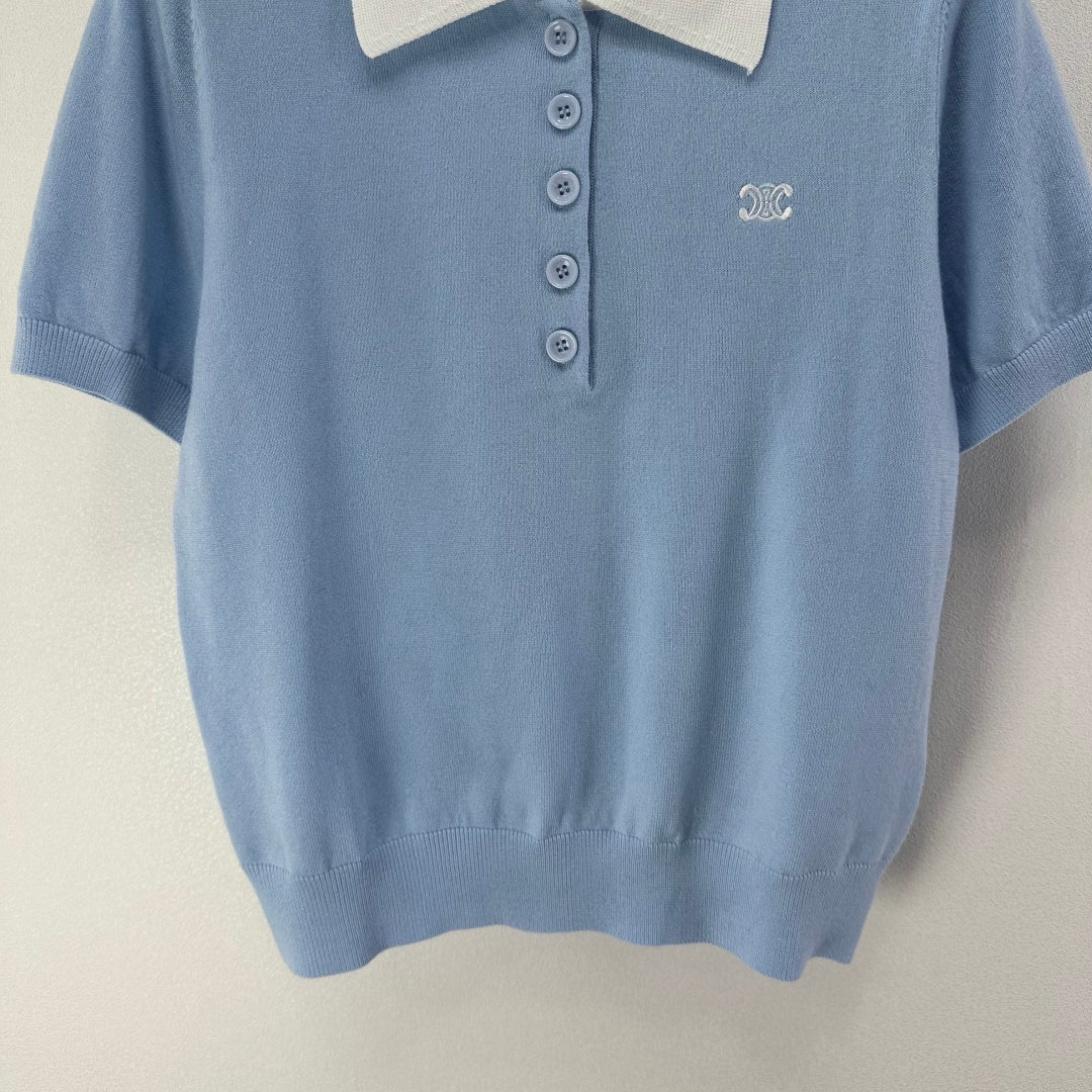 Celine Short-sleeved Polo Shirt Blue Cashmere Wool 349071