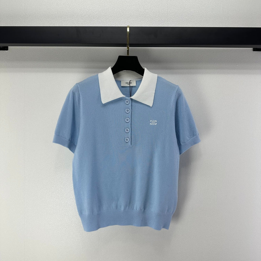 Celine Short-sleeved Polo Shirt Blue Cashmere Wool 349071