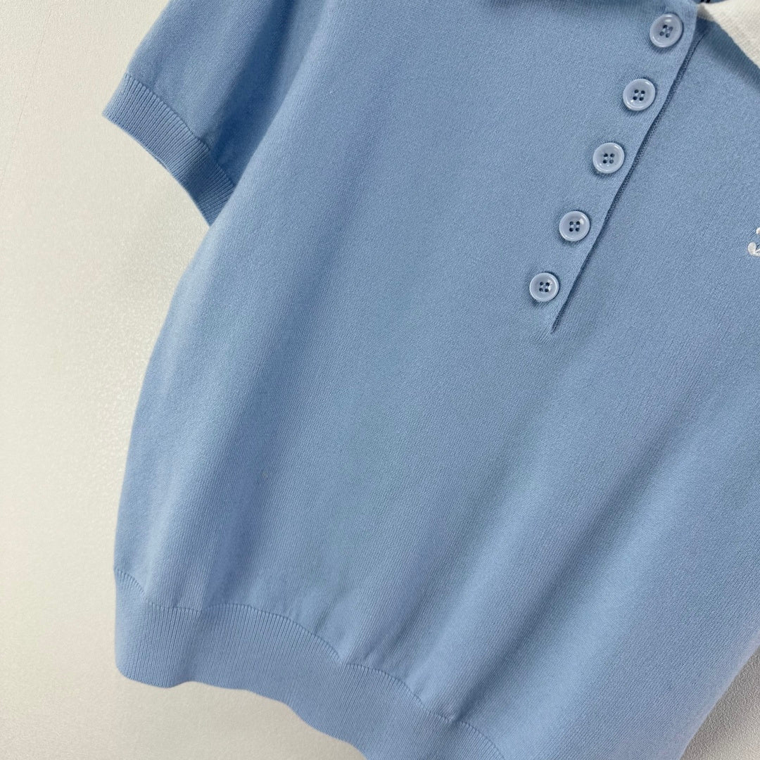 Celine Short-sleeved Polo Shirt Blue Cashmere Wool 349071