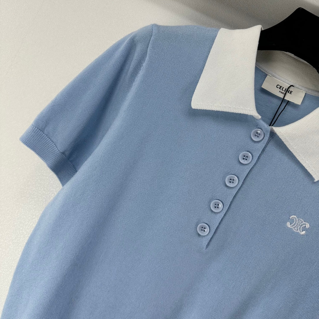 Celine Short-sleeved Polo Shirt Blue Cashmere Wool 349071
