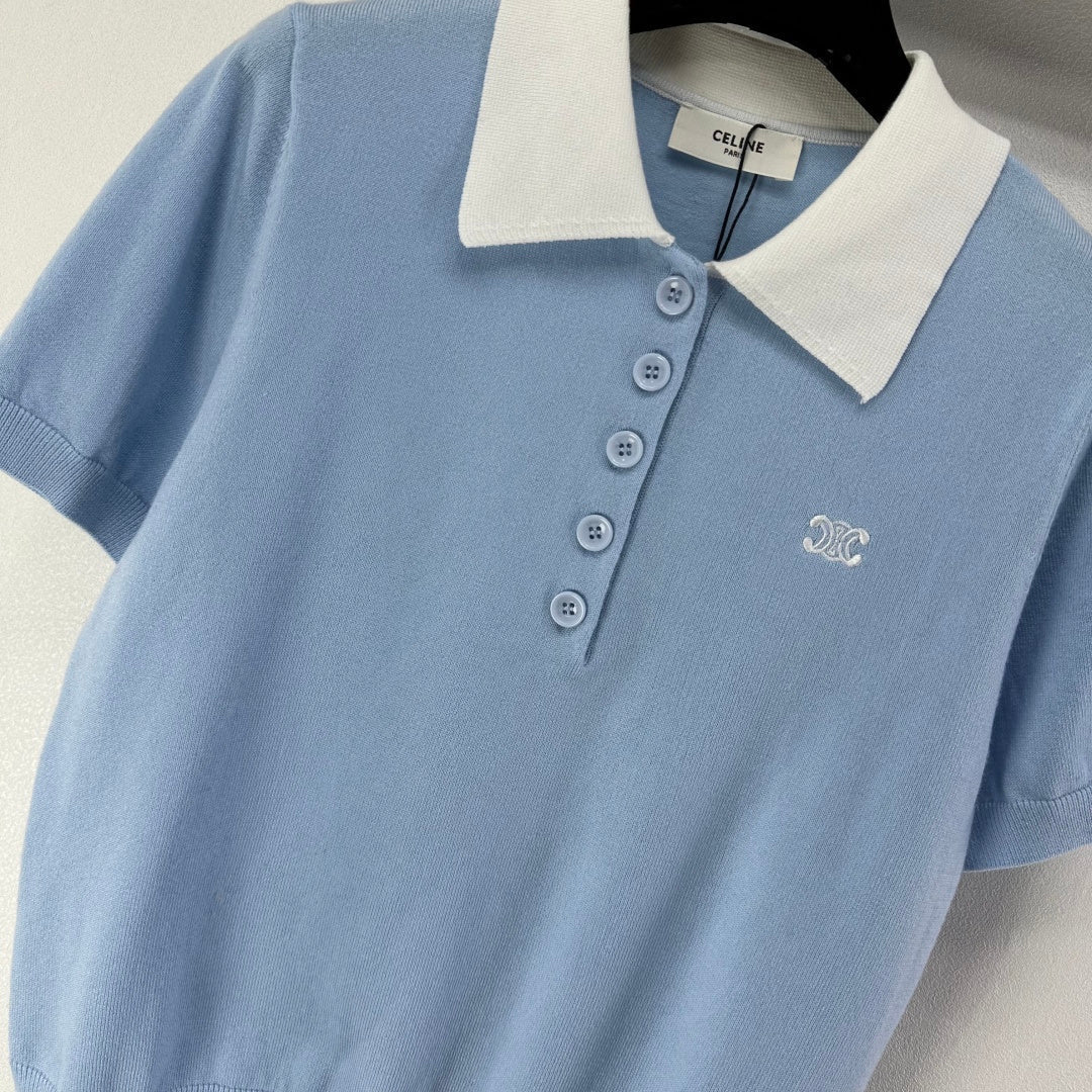 Celine Short-sleeved Polo Shirt Blue Cashmere Wool 349071